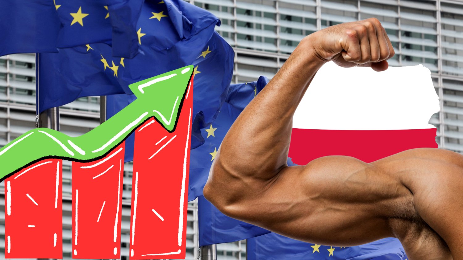 Polska zyskała miliardy dzięki UE. Bez niej wciąż gonilibyśmy Europę Flagi Unii Europejskiej. Wykres w górę. Napięty biceps. W tle mapa Polski.
