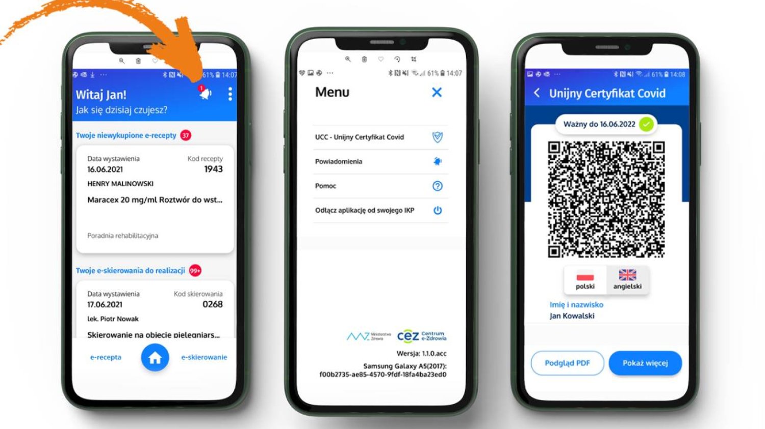 Trzy smartfony z aplikacją mObywatel. Ekrany pokazują szczegóły ściągania Unijnego Certyfikatu COVID (UCC).