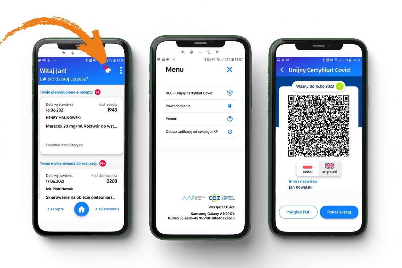 Trzy smartfony z aplikacją mObywatel. Ekrany pokazują szczegóły ściągania Unijnego Certyfikatu COVID (UCC).
