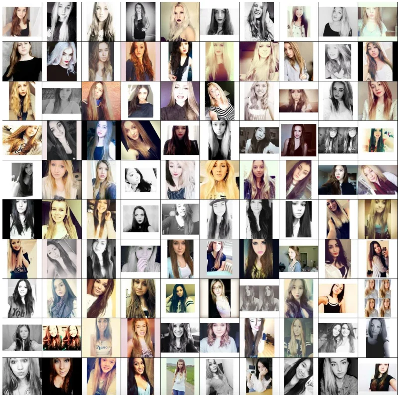 100 najlepszych selfie wybranych spośród 50 000 zdjęć przeanalizowanych przez program autorstwa Andreja Karpathy'ego. Zwraca uwagę obecność samych kobiet.