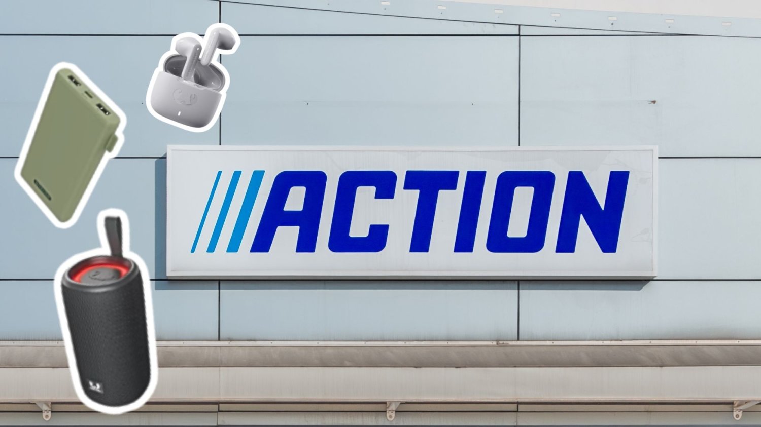 Logo sklepu Action, produkty sieci na promocji: słuchawki bezprzewodowe, głośnik bezprzewodowy, powerbank.