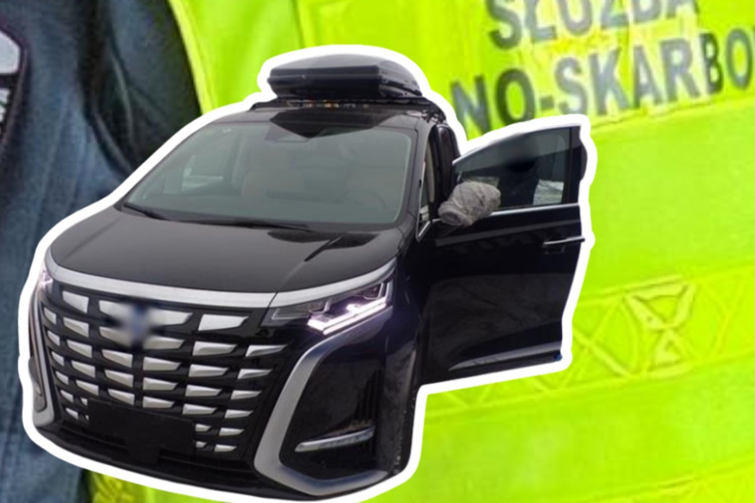 chińskie auto nielegalnie sprowadzone do Polski na tle funkcjonariusza KAS.