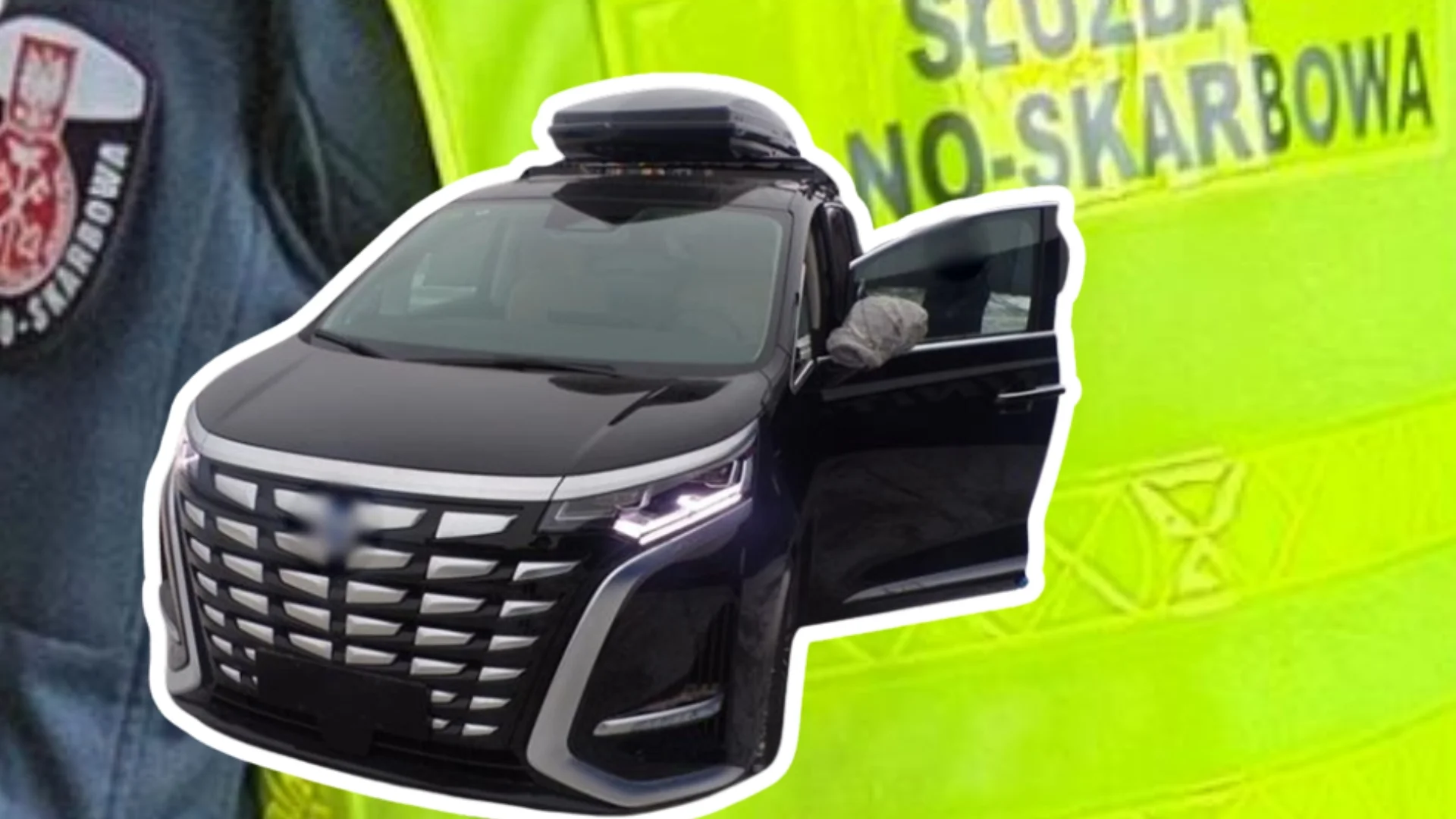 chińskie auto nielegalnie sprowadzone do Polski na tle funkcjonariusza KAS.