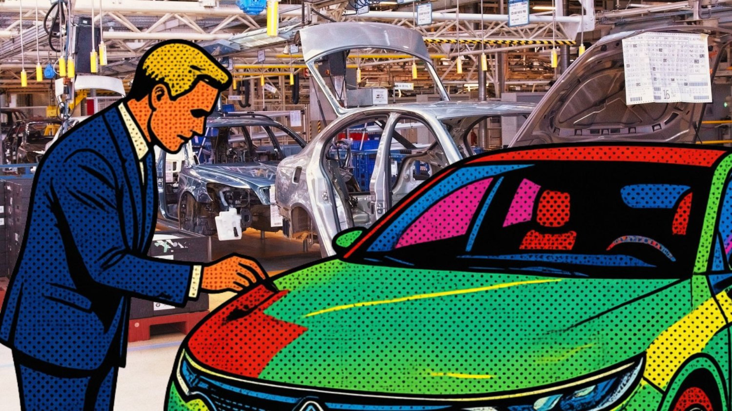 Polski samochód elektryczny znowu na horyzoncie. Wiele się zmieniło Przedsiębiorca lakierujący Izerę na nowy kolor, styl popart, w tle produkcja aut.