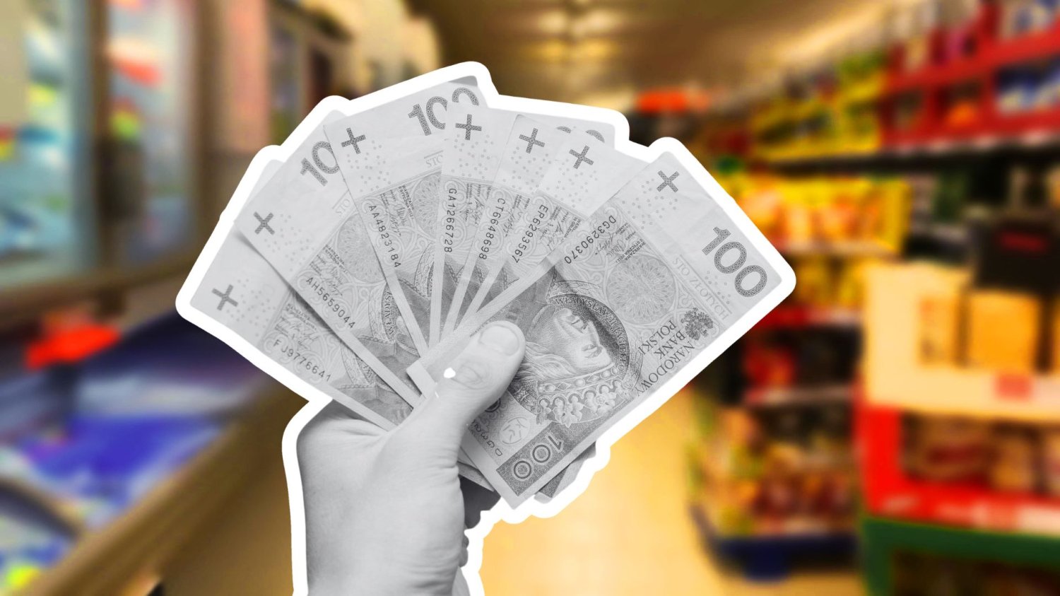 ręka z banknotami stuzłotowymi na tle sklepu
