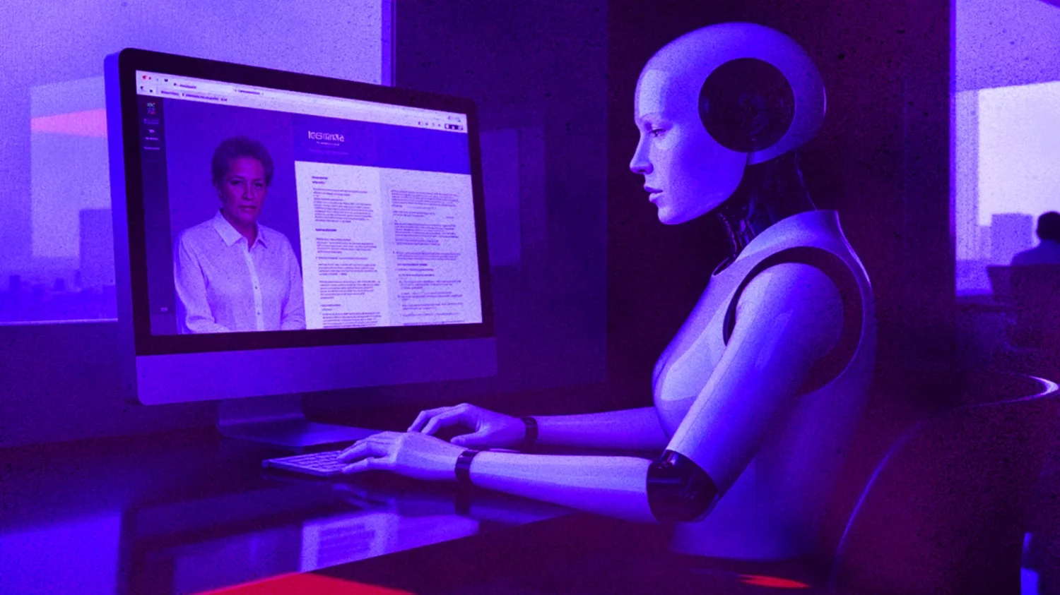 Robot siedzący przed ekranem komputera, na którym wyświetla się CV osoby szukającej pracy.