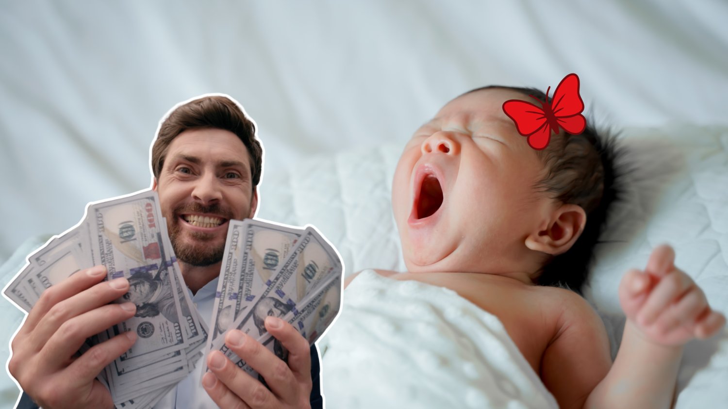 Zamiast 800 plus, 200 tys, zł za urodzenie dziecka. Państwo chce opłacić kołyskę z góry Dziecko z czerwonym motylkiem na głowie. Mężczyzna z pieniedzmi, zadowolony, ze je posiada.