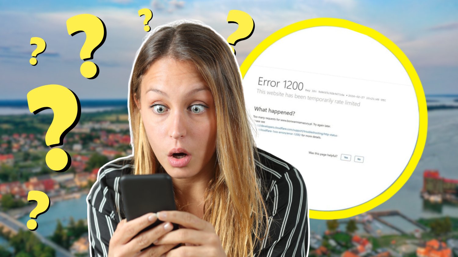 Zaskoczona kobieta. Wokół znaki zapytania i Error ze strony internetowej. W tle Mikołajki na Mazurach.