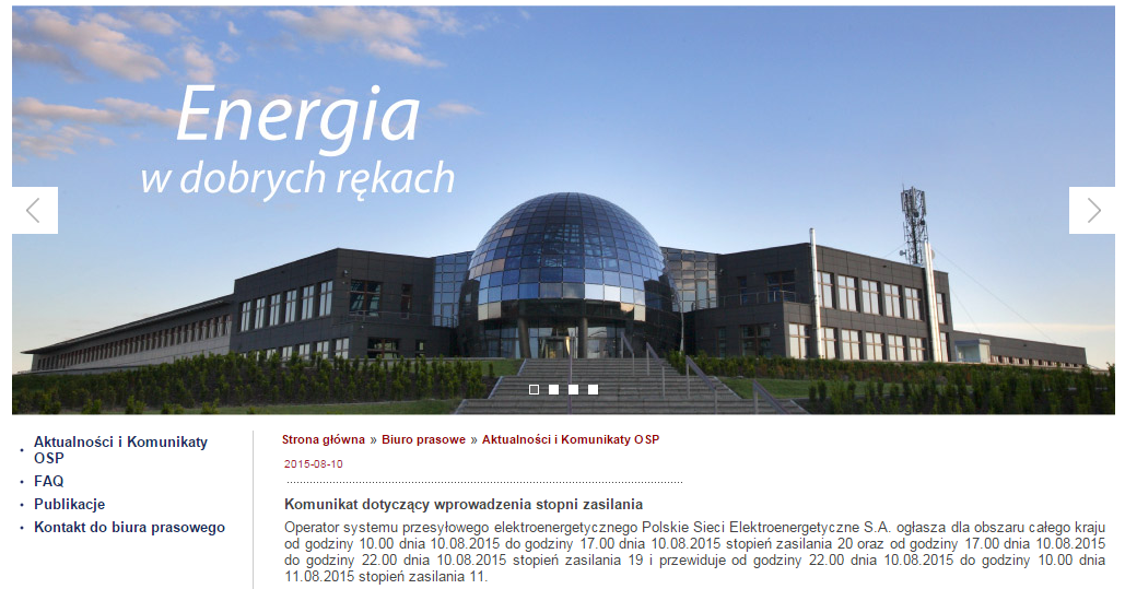 komunikat na stronie  PSE