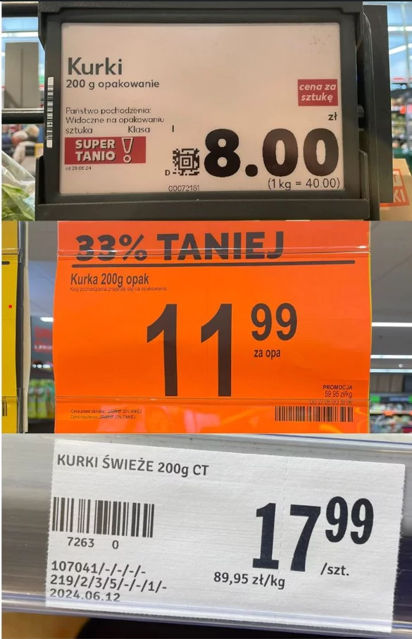Ceny kurek w czerwcu w 2024 roku. Od góry: Kaufland, Biedronka, Stokrotka