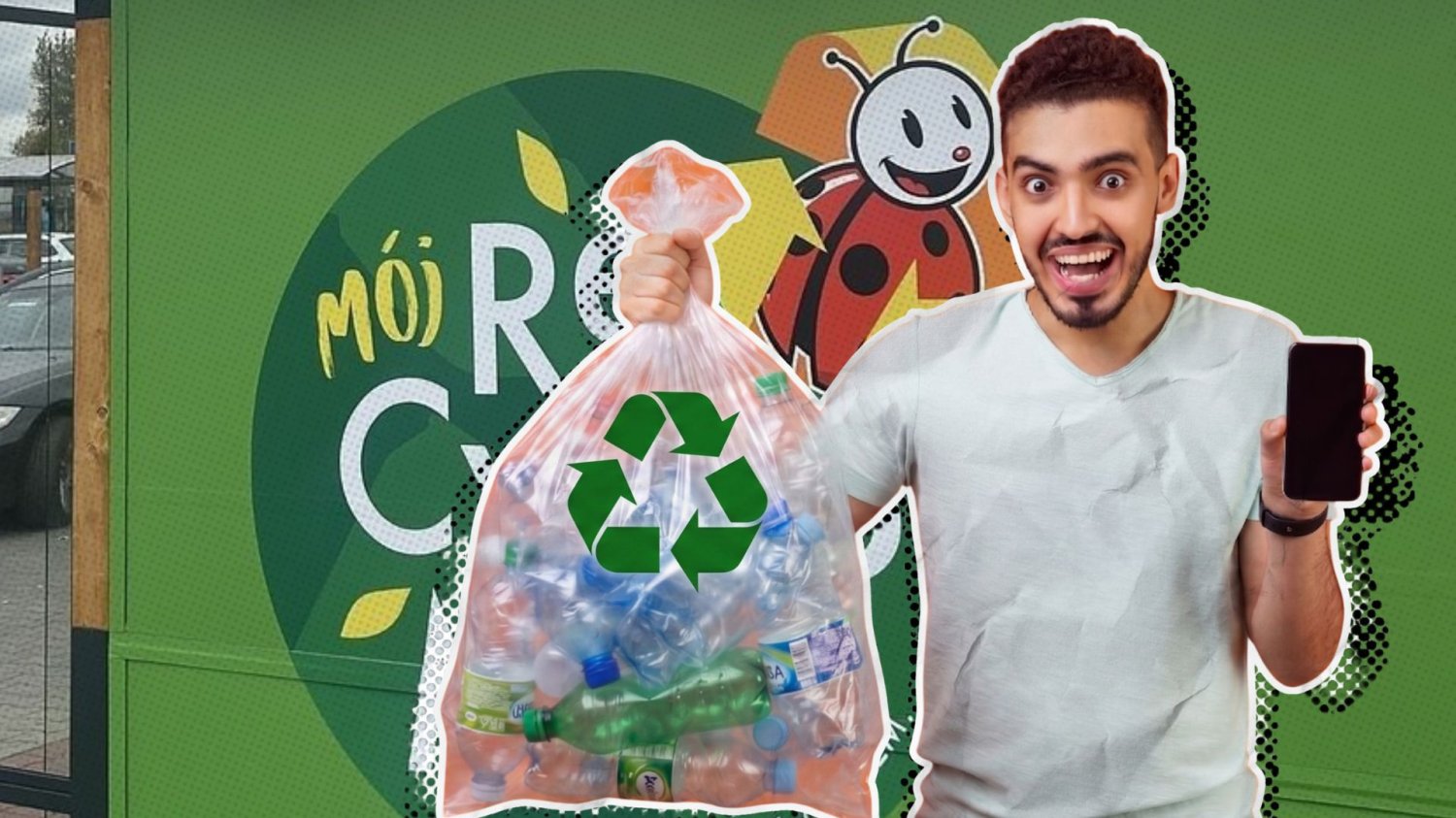 Biedronka zmienia zasady kaucji dla milionów klientów. Zaszachowała konkurencję Ucieszony mężczyzna z pustymi butelkami i smartfonem na tle recyklomatu Biedronki.