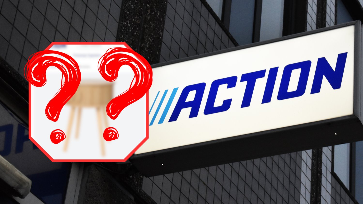 Szafka z Action podbija serca klientów. Namiastka luksusu bez wydawania fortuny Budynek Action i logo Action na szyldzie. Szesciokątna ramka z szafką z Action i znaki zapytania.