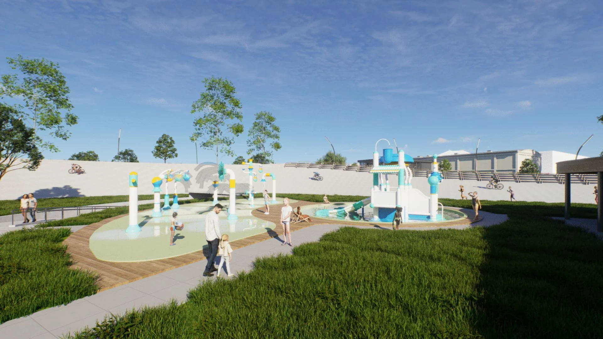 Niszczejący tor kolarski zyska nowe życie. Na miejscu ruiny centrum społeczności Wizualizacja projektu "Nowy Orzeł" uwzględniająca wodny plac zabaw.