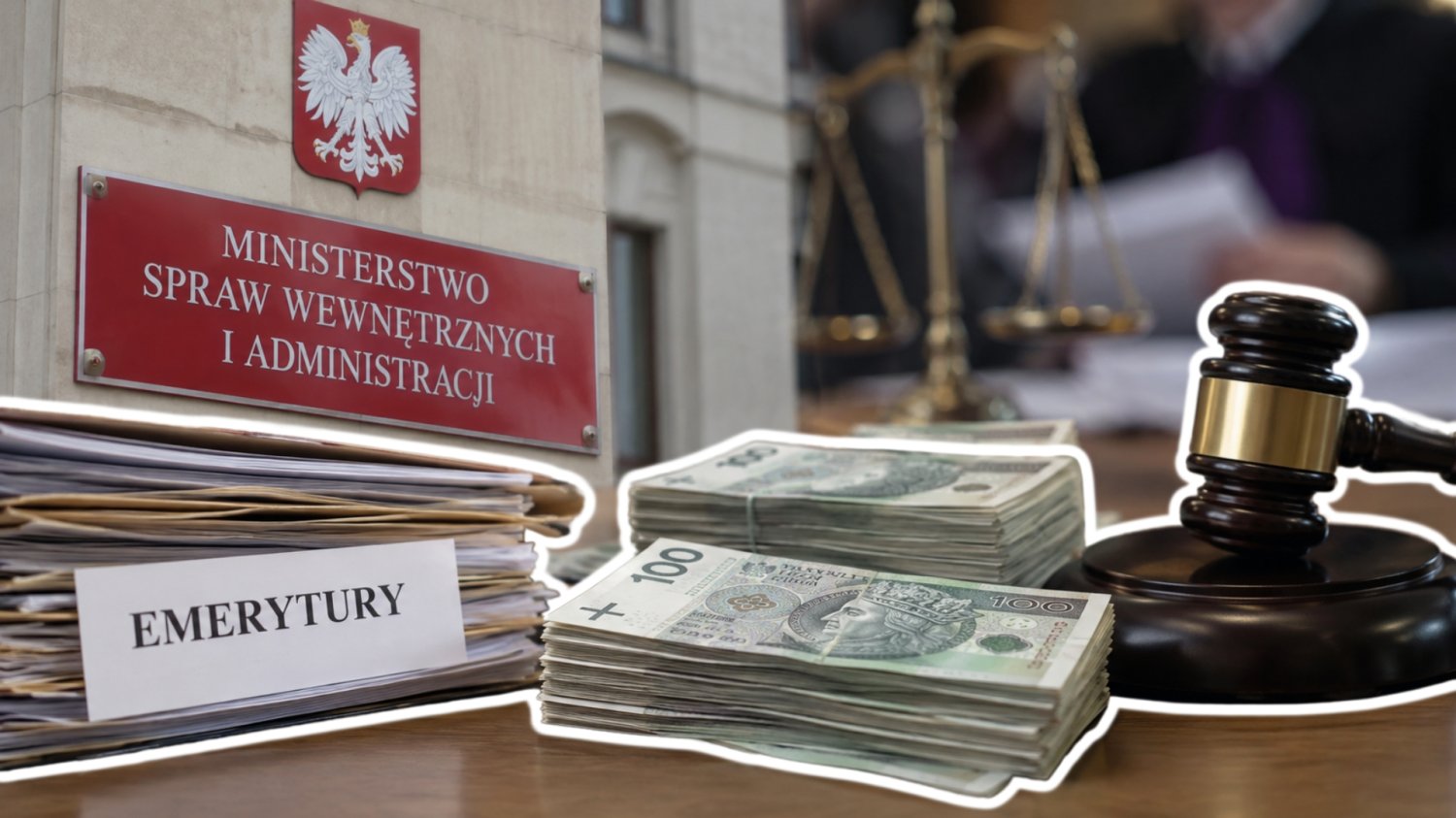 Tabliczka i budynek MSWiA. W tle sala sądowa i sędzia. Z przodu na stole teczki z napisem emerytury, młotek sądowy i pieniądze w słupkach.