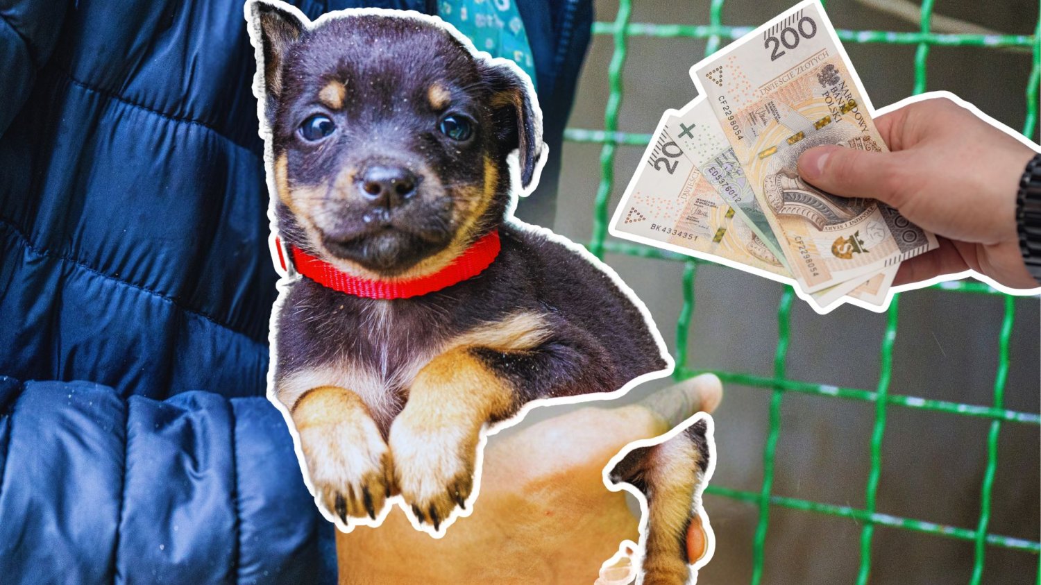 Szczeniak niesiony na rękach i ręka z banknotami. Pieniądze na psa i kota ze schroniska. Zduńska Wola wspiera adopcje czworonogów