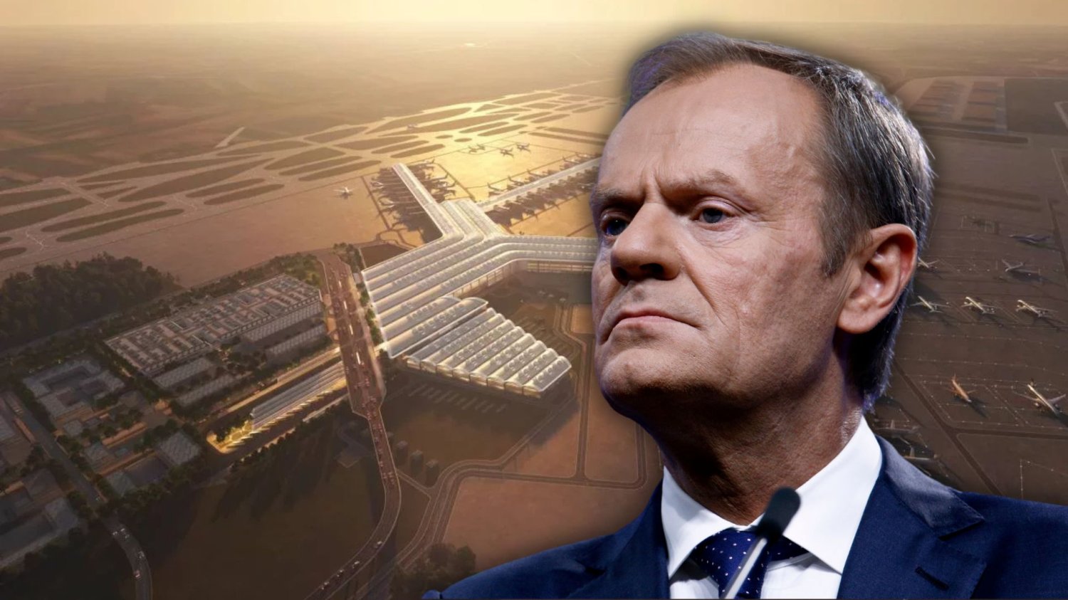 Donald Tusk na tle wizualizacji CPK. Gigantyczne lotnisko będzie nazywać się oficjalnie Port Polska.