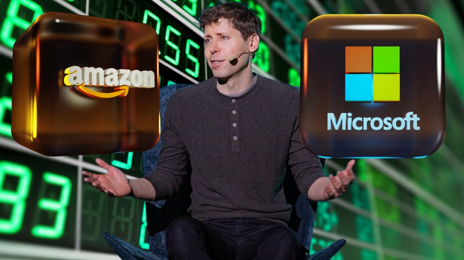 Sam Altman z OpenAI trzymający sześciany z logiem Amazona i Microsoftu, w tle giełda. OpenAI staje się coraz bardziej niezależne od Microsoftu.
