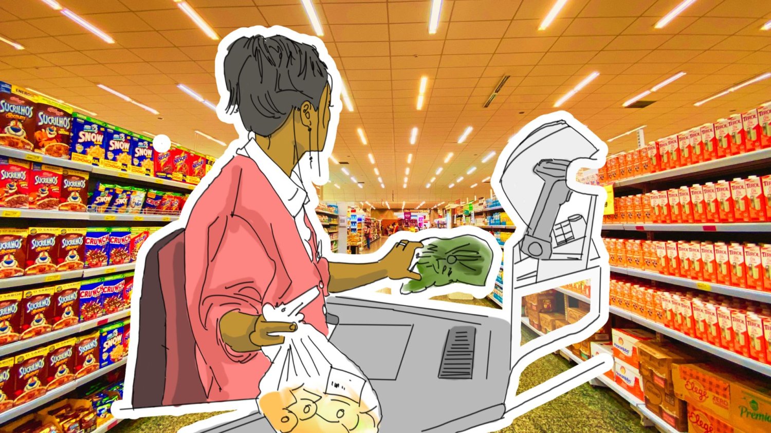 rysunek kasjerki na tle supermarketu