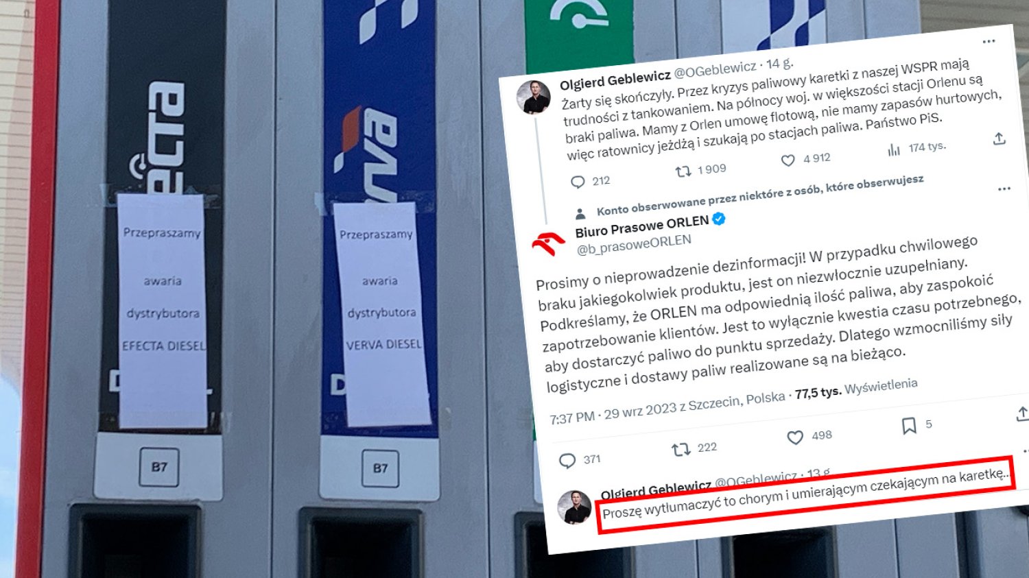 "Awarie" na stacjach Orlen. Biuro prasowe spółki uderza w polityków, a paliwa brakuje dla karetek.