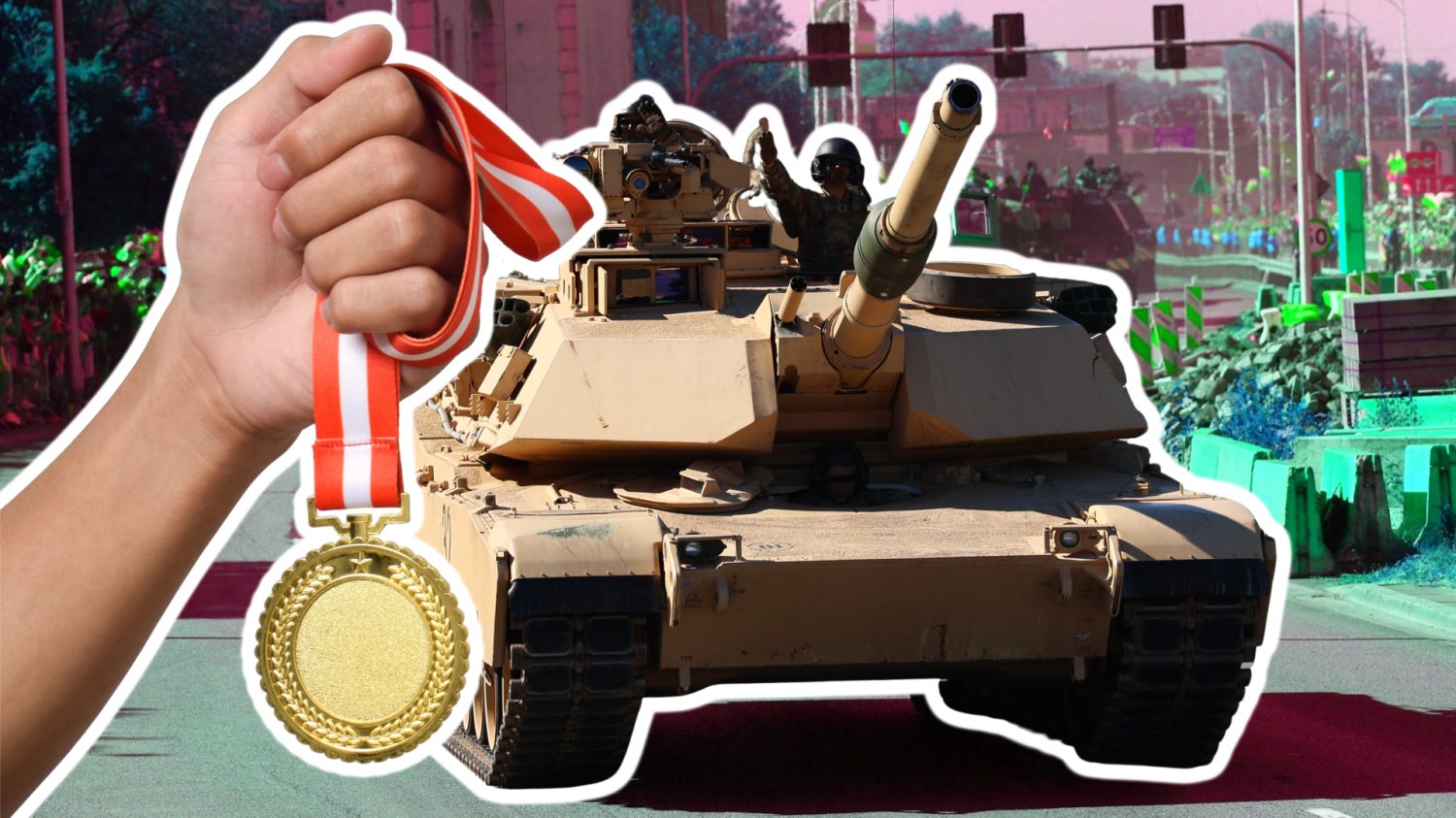 Polskie czołgi Abrams na defiladzie w Warszawie. Złoty medal trzymany w ręku