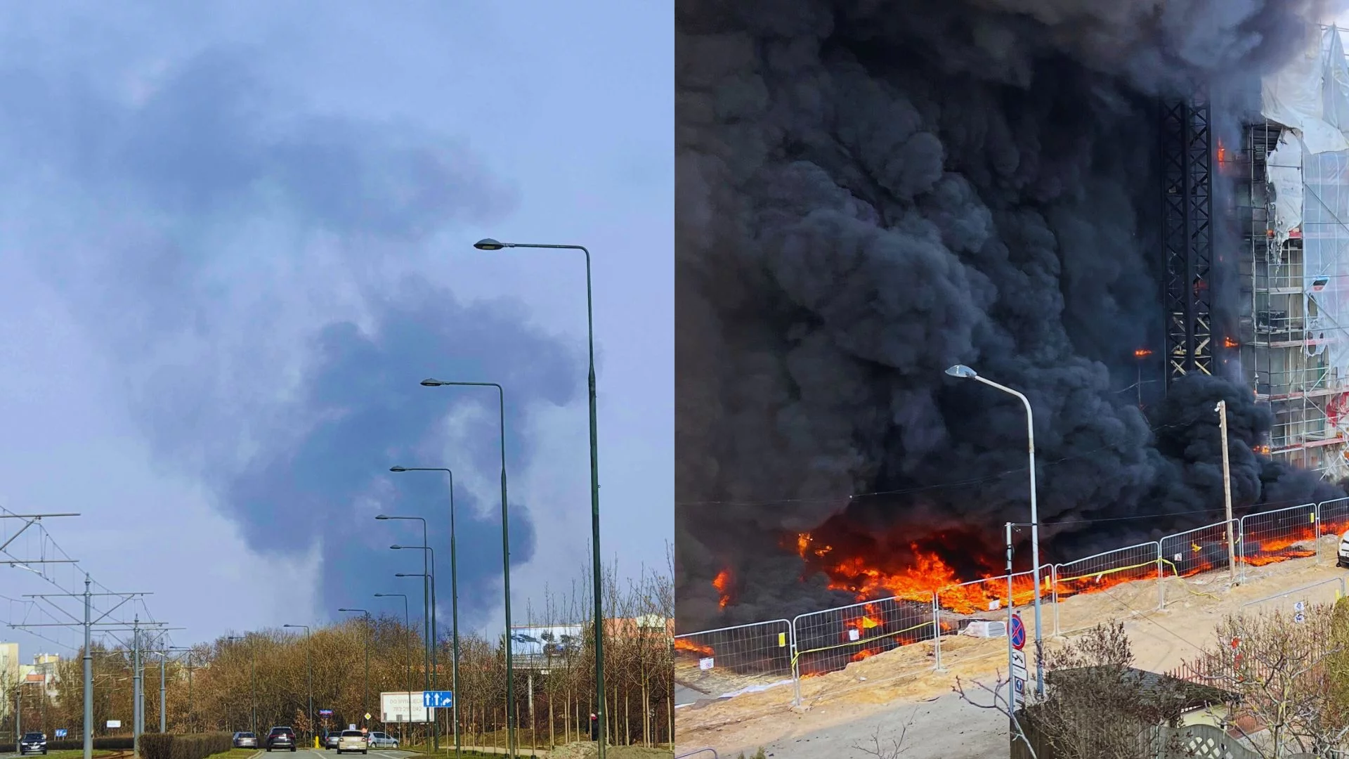 Zdjęcia dymu z daleka i pożaru budowy bloku