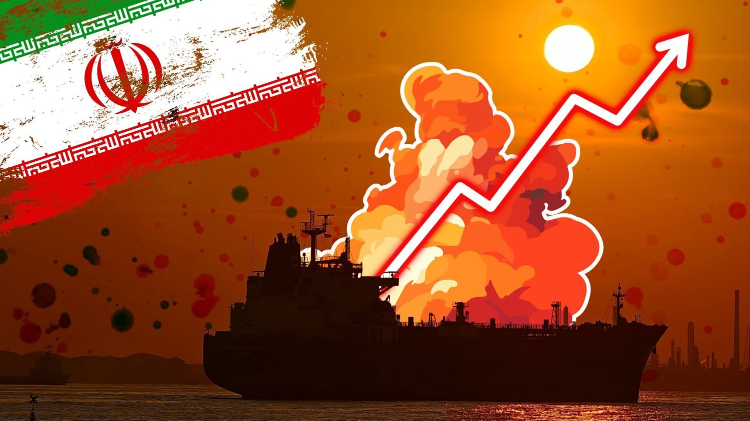 Flaga Iranu. Płynący tankowiec zaatakowany przez Iran. Strzałka indeksowa idąca w górę.