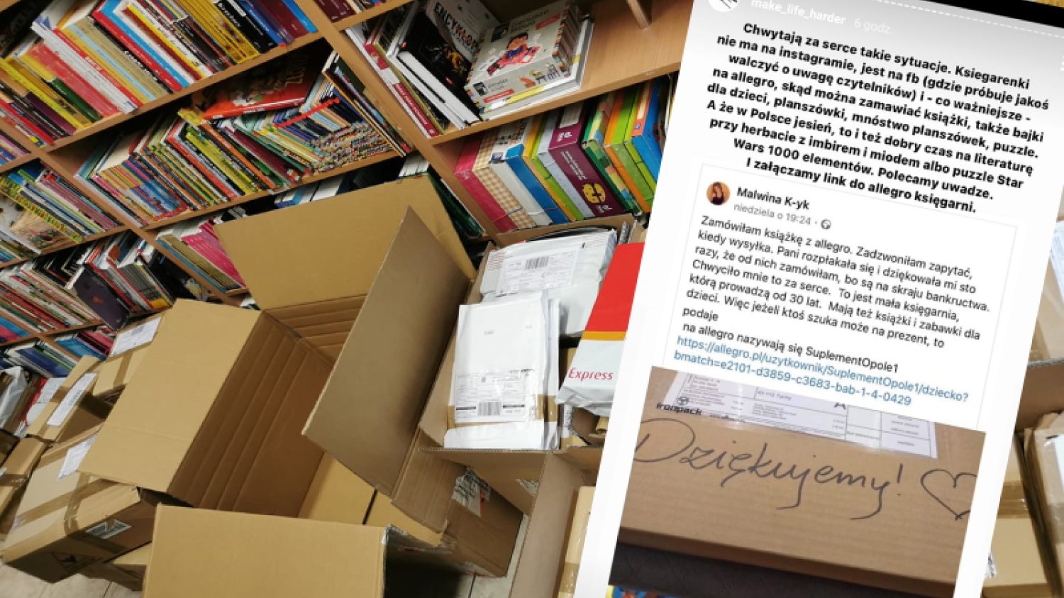 Zdjęcie stosiku paczek przygotowanych do wysłania na tle półek z książkami. Na zdjęciu: screen postu Make Life Harder o księgarni "Suplement"