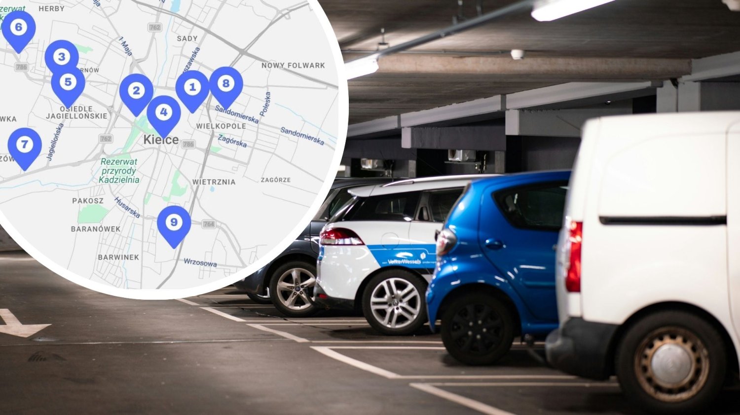 Samochody w parkingu podziemnym i mapa Kielc z zaznaczonymi miejscami gdzie będą nowe parkingi. Kielce planują parkingi schrony. Zaparkuj lub schroń się w razie kryzysu