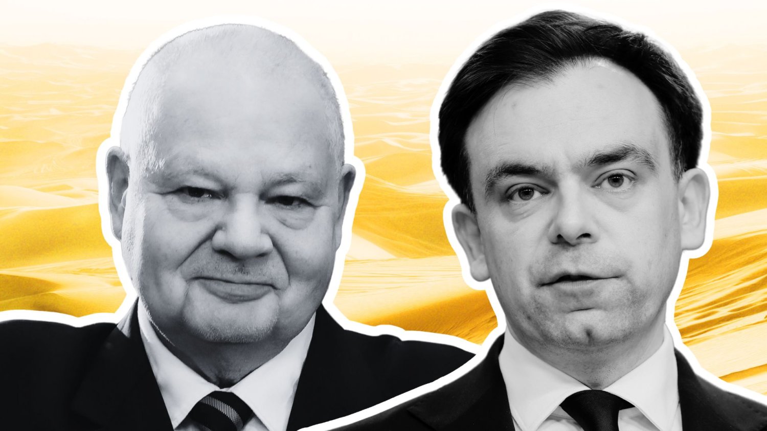 prezes NBP Adam Glapiński i minister finansów Andrzej Domański na tle piasków pustyni