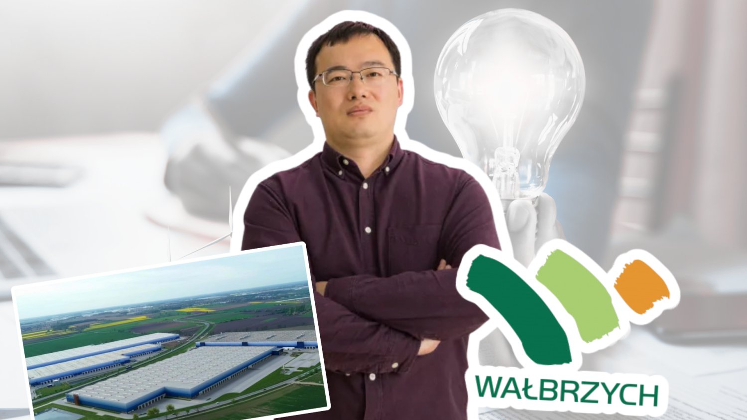 Gigant z Chin stawia na Polskę. Zielona transformacja z pieczątką Pekinu Prezes Sungrow Europe Shawn Shi. Wizualizacja fabryki w Wałbrzychu. Logo Wałbrzycha.