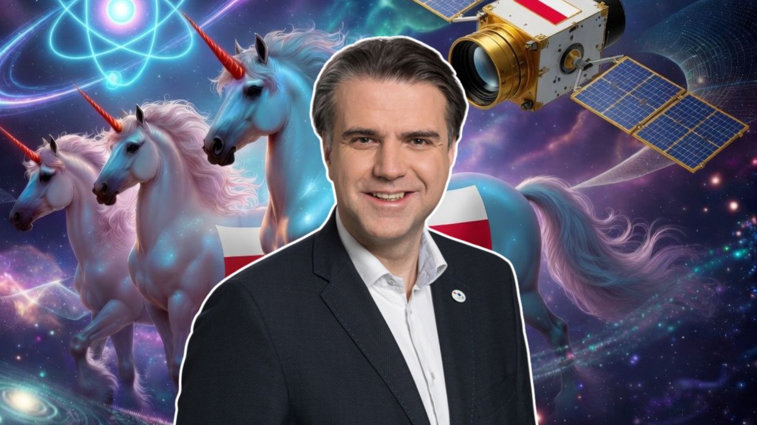 Prezes Creotech Grzegorz Brona na tle jednorożców i satelit.