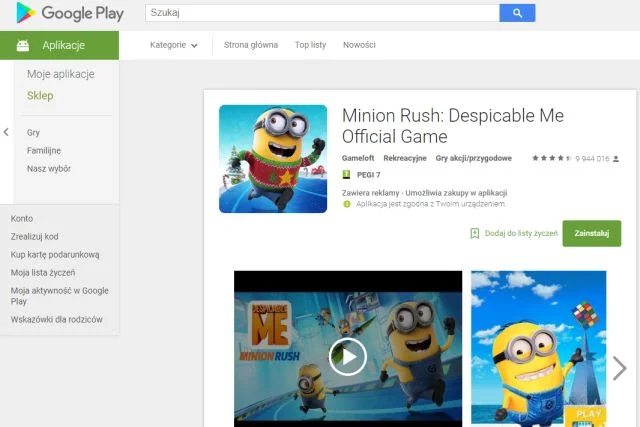 Przycisk "Zainstaluj" na stronie internetowej sklepu Google Play spowoduje, że aplikacja zostanie ściągnięta i zainstalowana na naszym smartfonie