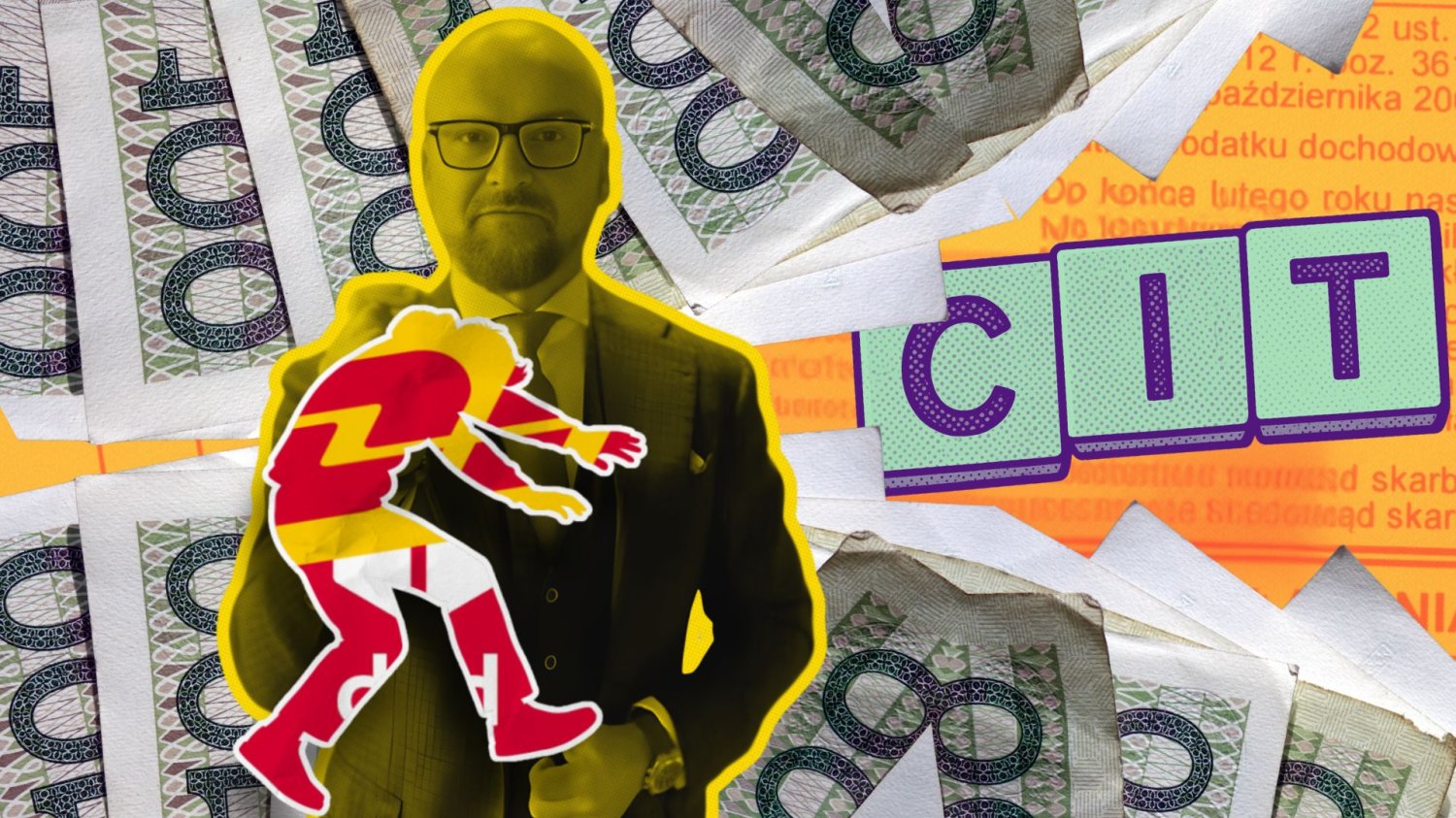 Rafał Brzoska atakuje nie-polską konkurencję. Macha flagą gospodarczego patriotyzmu Rafał Brzoska trzymający kontury z logo DHL i DPD za kark, w tle pieniądze i podatek CIT.