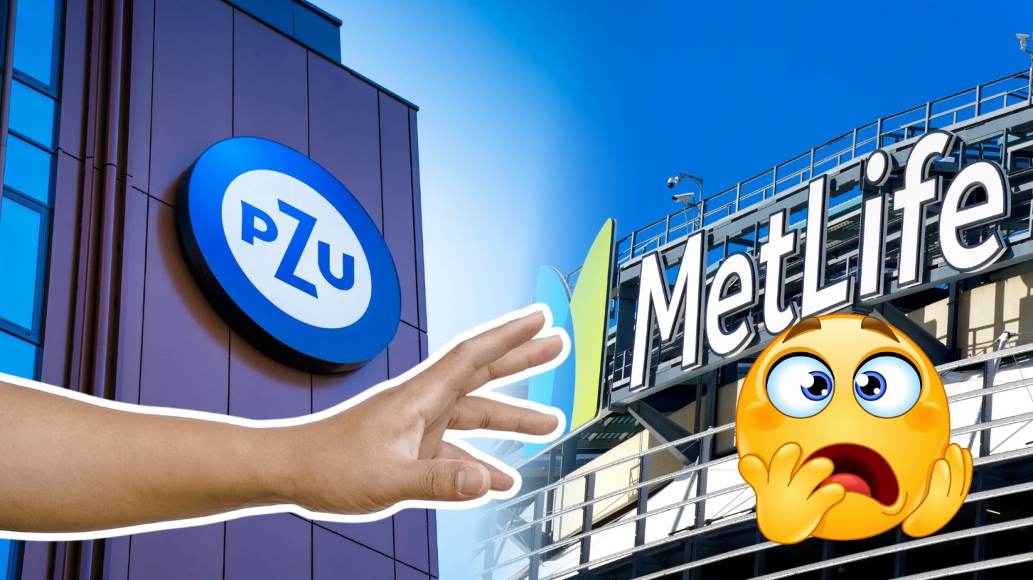 PZU przejmuje giganta z Ukrainy. Ogromna baza klientów mówi sama za siebie Budynek firmy PZU i budynek firmy MetLife. Ręka sięgająca po firmę MetLife, przestraszona emotka.