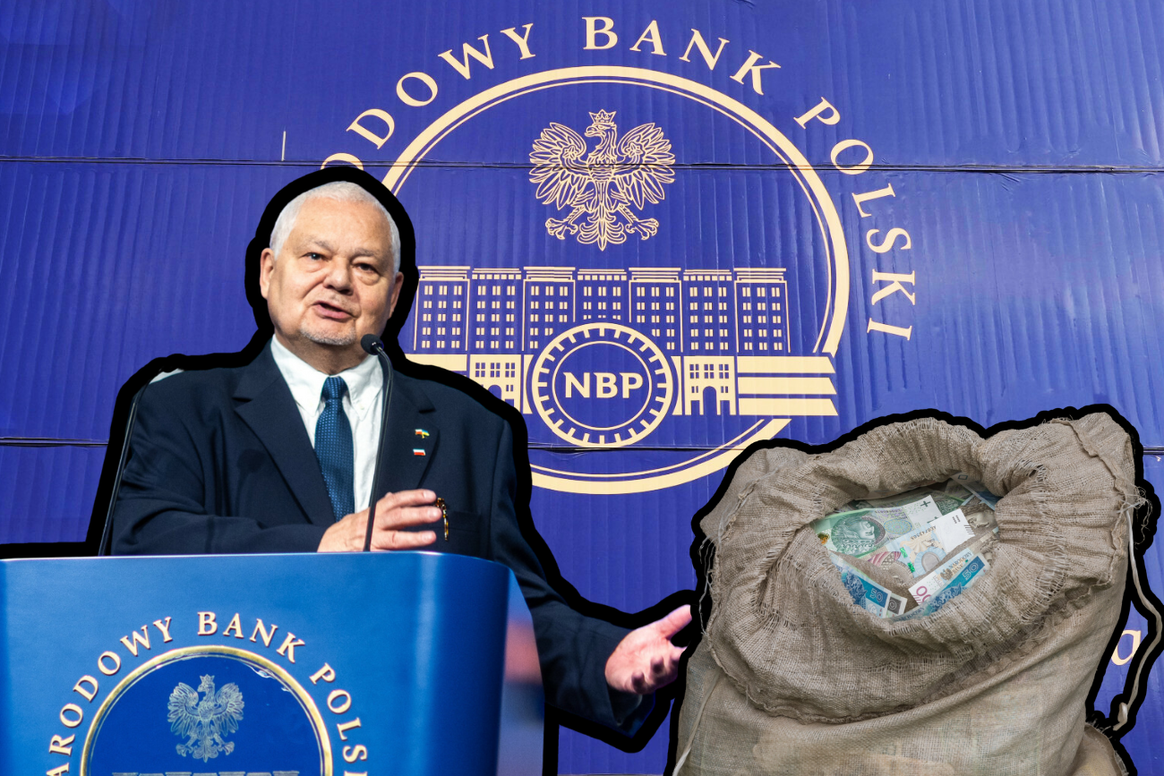 Adam Glapiński na tle NBP plus przypadkowy worek z pieniędzmi.