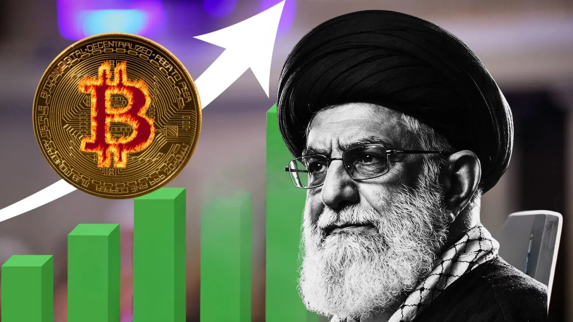 Ali Chamenei. W tle wykres rosnacy w górę i strzałka w góre. Moneta Bitcoin.