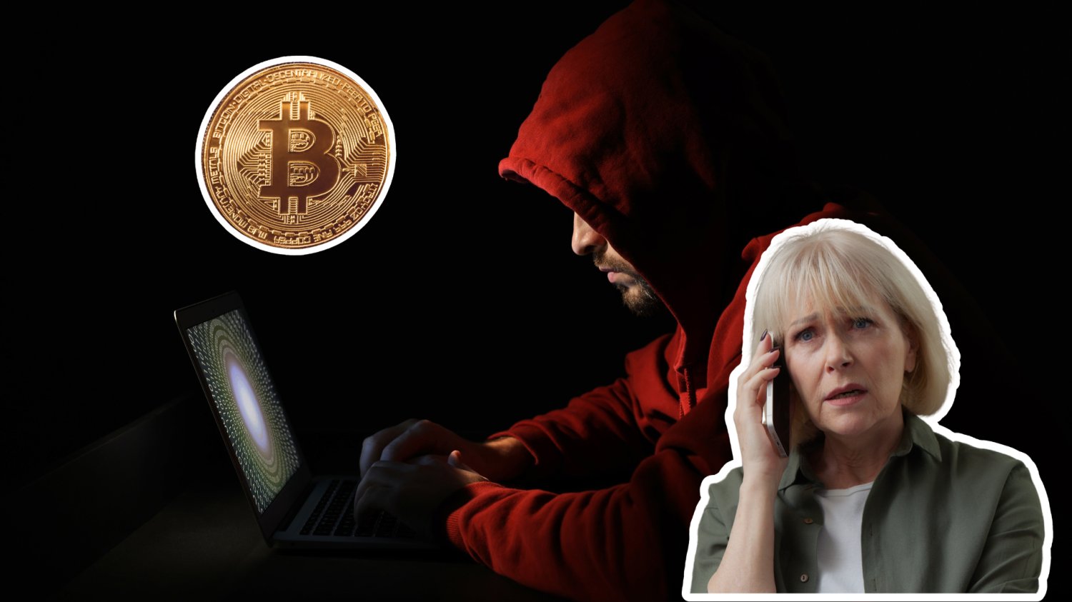 Oszustwo "na bitcoina" pozbawi cię oszczędności życia. Przestępcy wykorzystują popularność kryptowalut Zmartwiona seniorka i bitcoin, w tle haker.