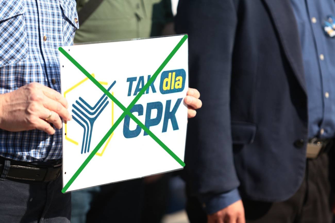 Przekreślona tabliczka "Tak dla CPK".