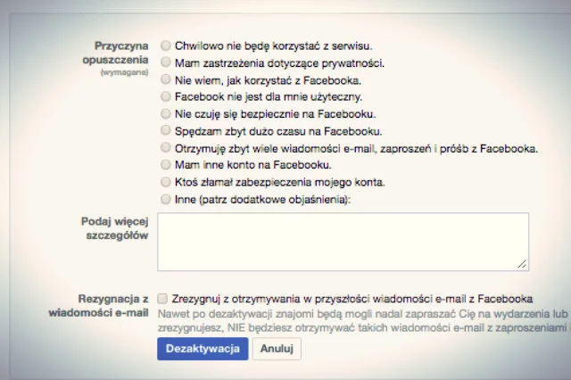 Przy próbie dezaktywacji zostanie nam zadany szereg pytań