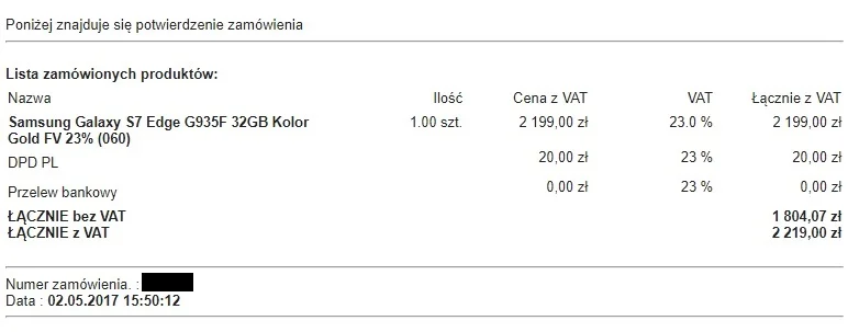 Potwierdzenie kupna telefonu za 2219 zł