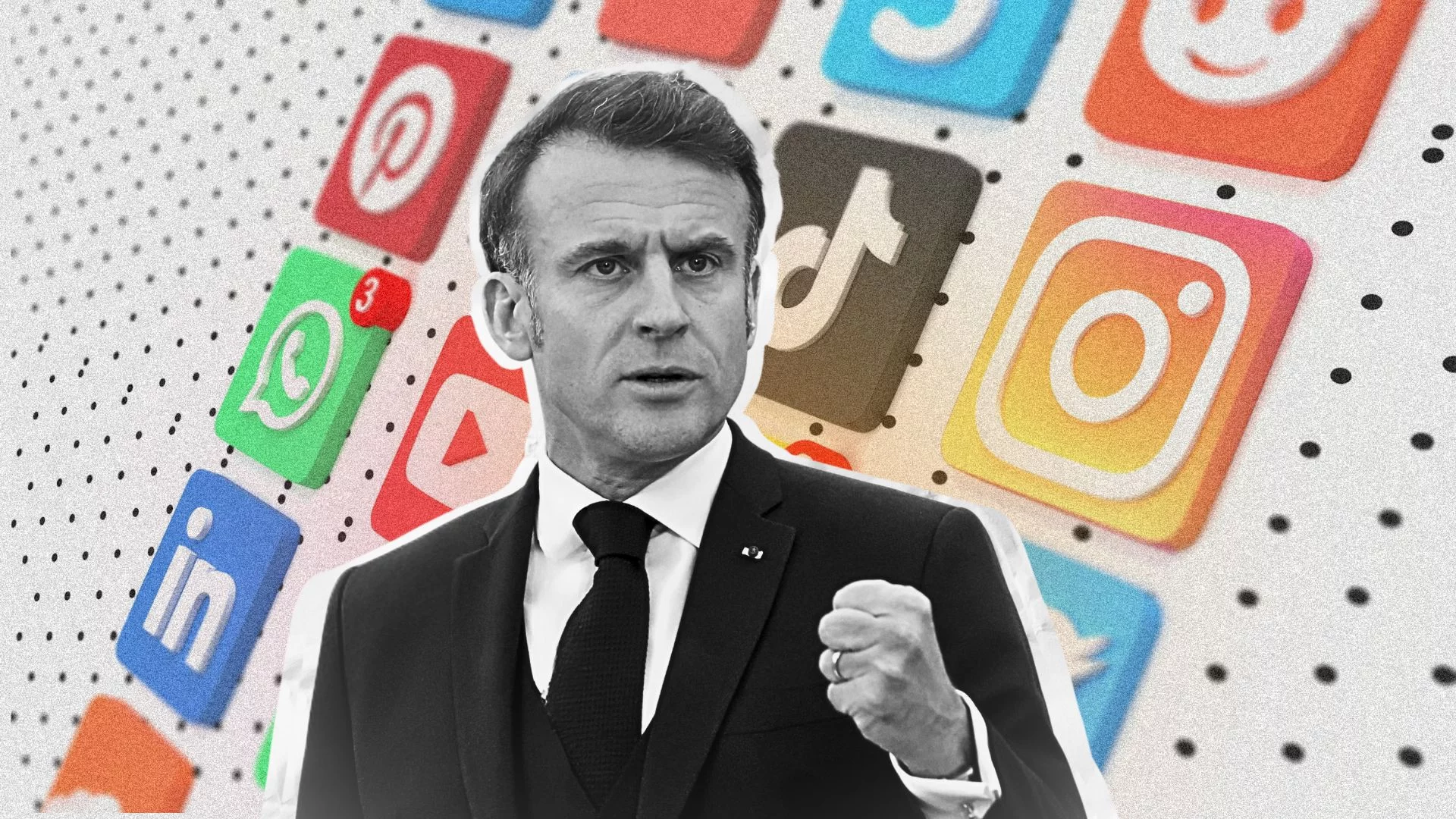 Emmanuel Macron na tle ikon mediów społecznościowych. Prezydent Francji uważa, że Europa była naiwna pozwalając na to, by USA i Chiny kontrolowały te platformy komunikacji.