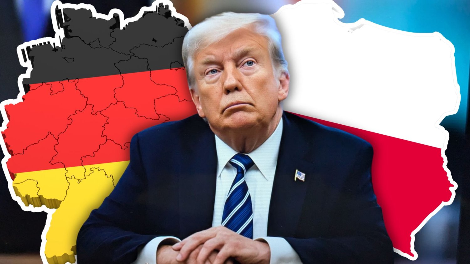 Trump wycofuje wojska USA, by ukarać Niemcy. Rykoszetem dostała Polska. Donald Trump na tle mapy Niemiec i Polski.