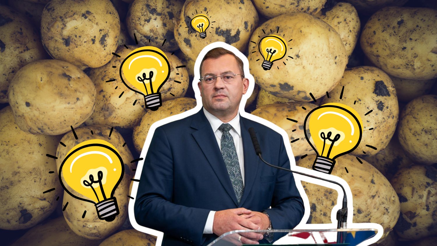 Minister Rolnictwa. W tle Ziemniaki i żarówki wokół niego.