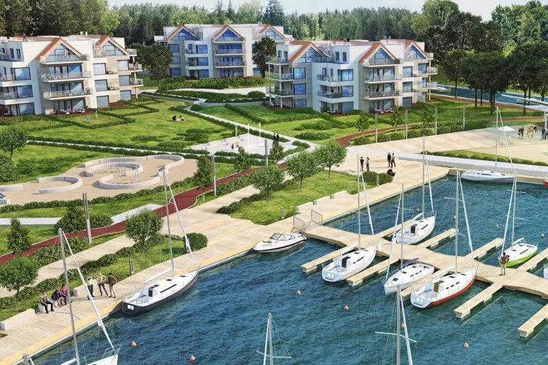 Wizualizacja osiedla Nautica Resort z własnym portem nad jeziorem Niegocin