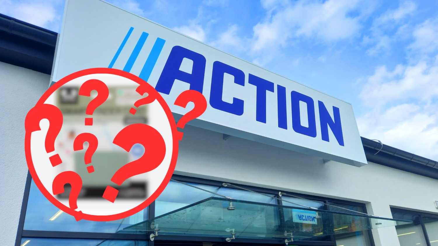 Logo i budynek sklepu Action. Zablurowany produkt w czerwonym kółku i znaki zapytania.