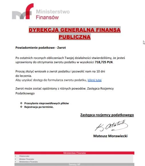 Tu kryje się niebezpieczeństwo - link w dokumencie prowadzi do podstawionej strony. Co ciekawe, niemal identyczny przykład widnieje na stronie resortu finansów, z wyciętym nazwiskiem premiera.