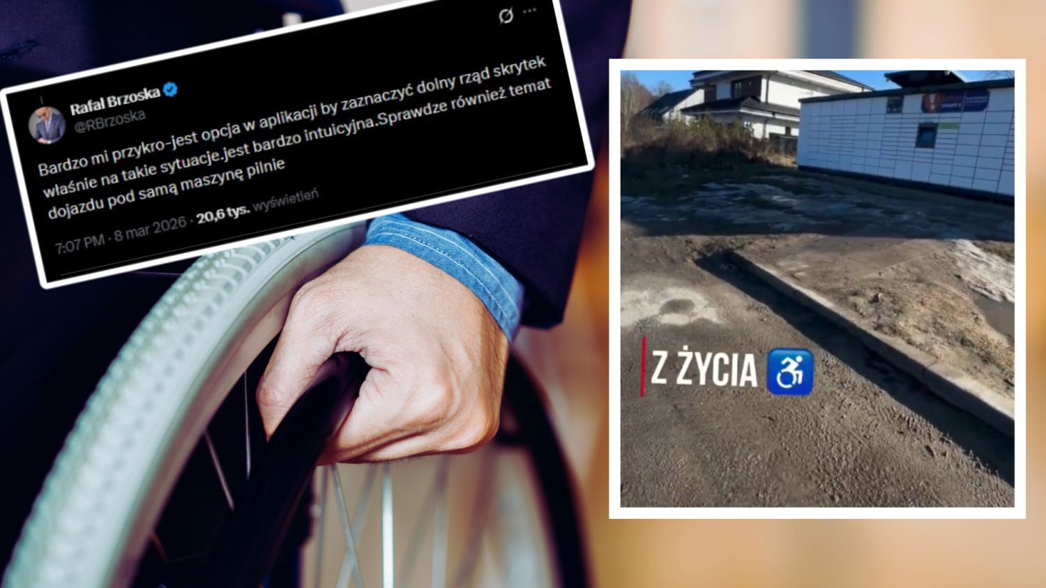 Gorzka rzeczywistość niepełnosprawnych pod Paczkomatami. Osoba na wózku, screen odpowiedzi Rafałą Brzoski z X oraz screen z omawianego w artykule filmiku.
