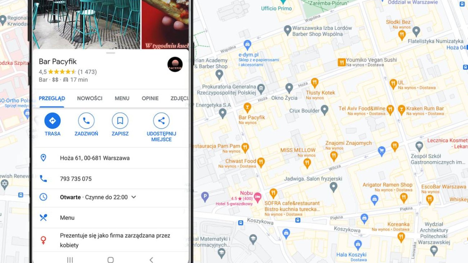 Aplikacja Google Maps na tle mapy Warszawy.