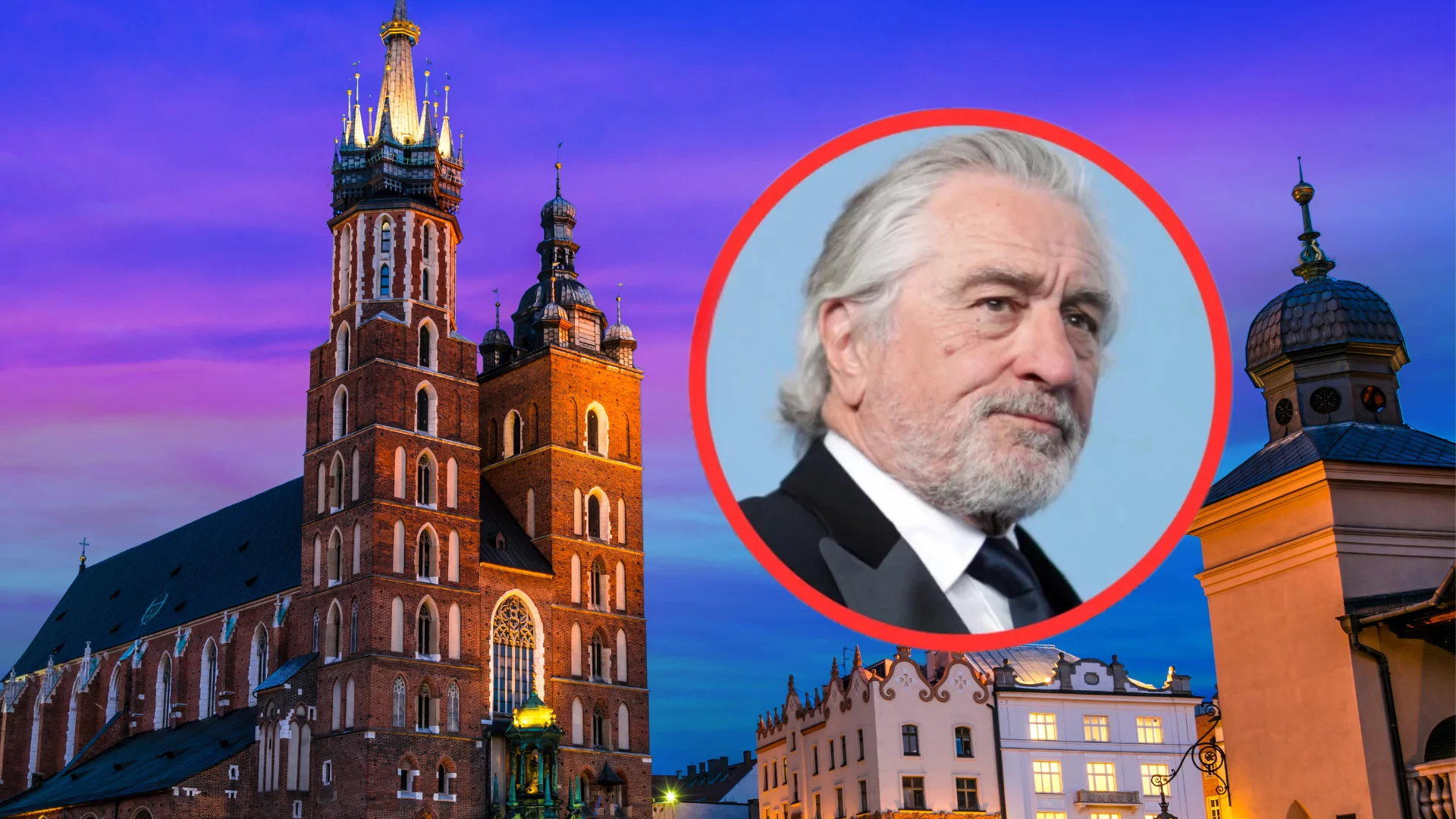 Panorama Krakowa. Robert de Niro w czerwonym kółku.