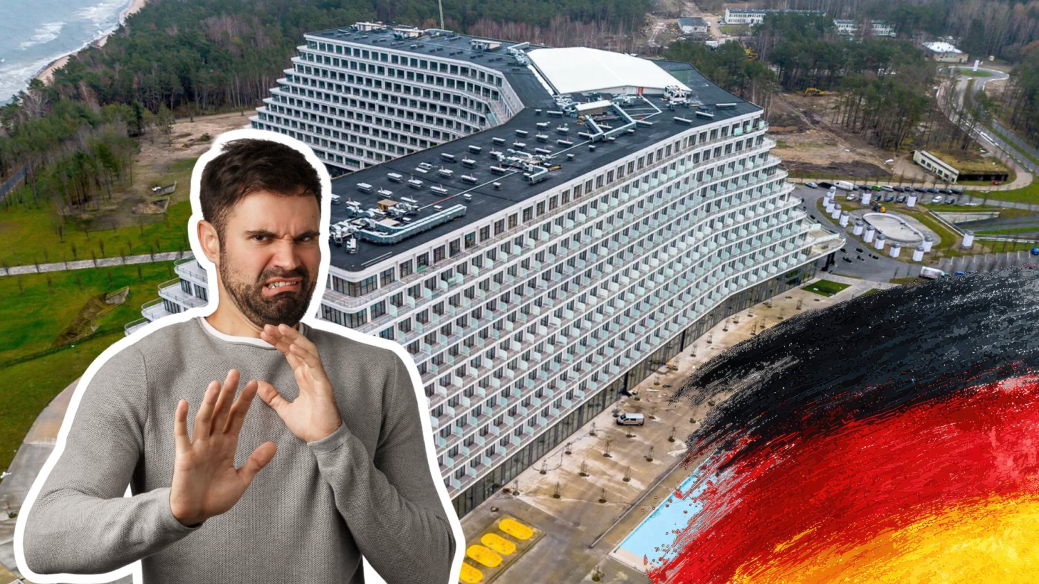 Hotel w Pobierowie. Flaga Niemiec i Niemiec z obrdzydzoną miną.